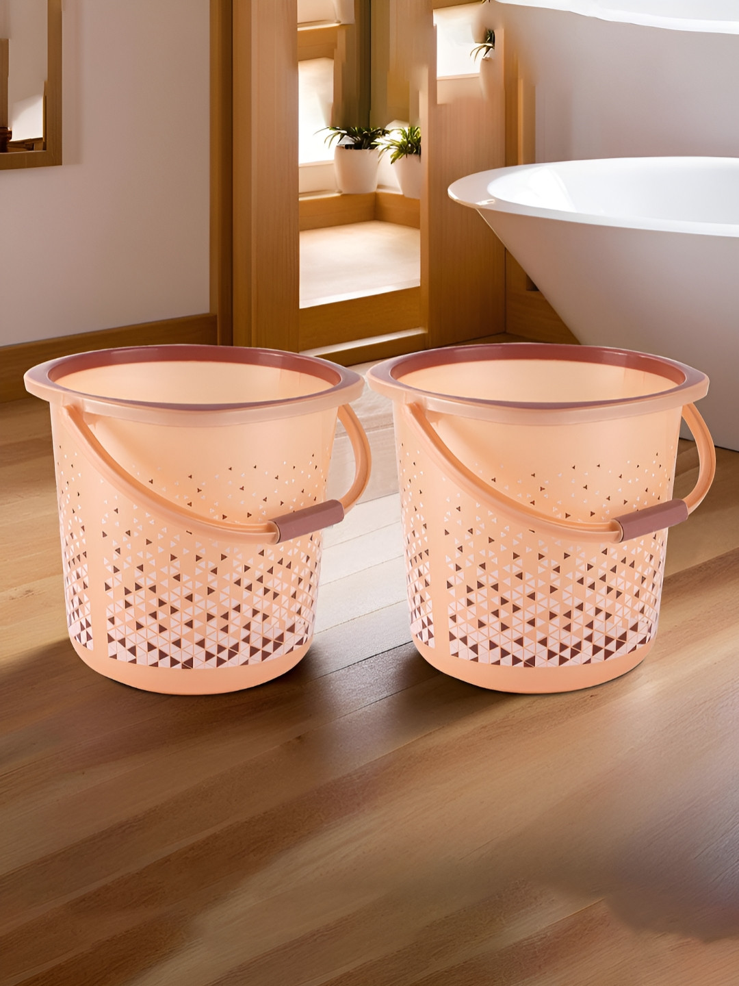 Aura Peach & Brown Pack of 2 Plastic 18 Litre Multipurpose Bath Bucket for Bathroom Bucket