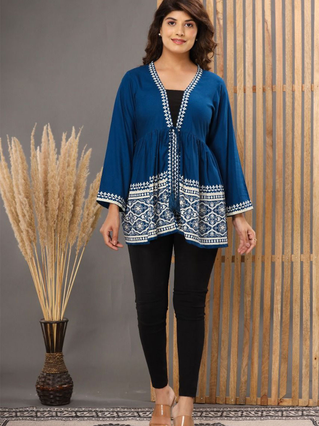 MAYANA Women Printed Indigo Cotton Longline Regular Top