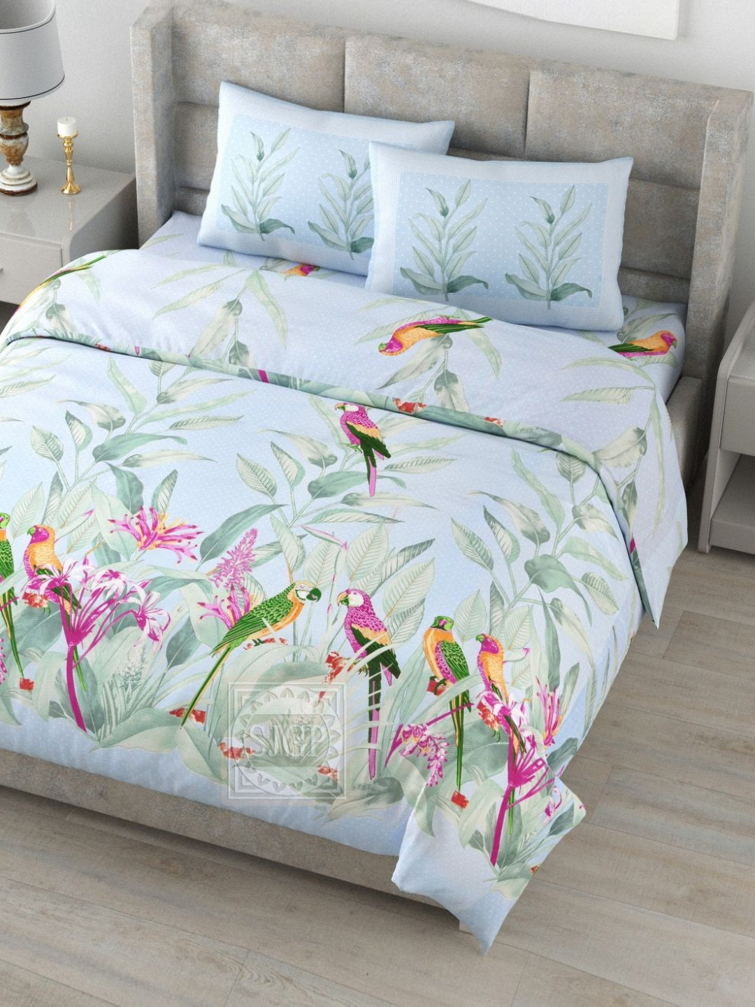 Myntra Elegant Homes Digital Blue Floral Pure Cotton Breathable 180 TC King Superfine Bedsheet with 2 Pillow Covers-270 x 270 cm