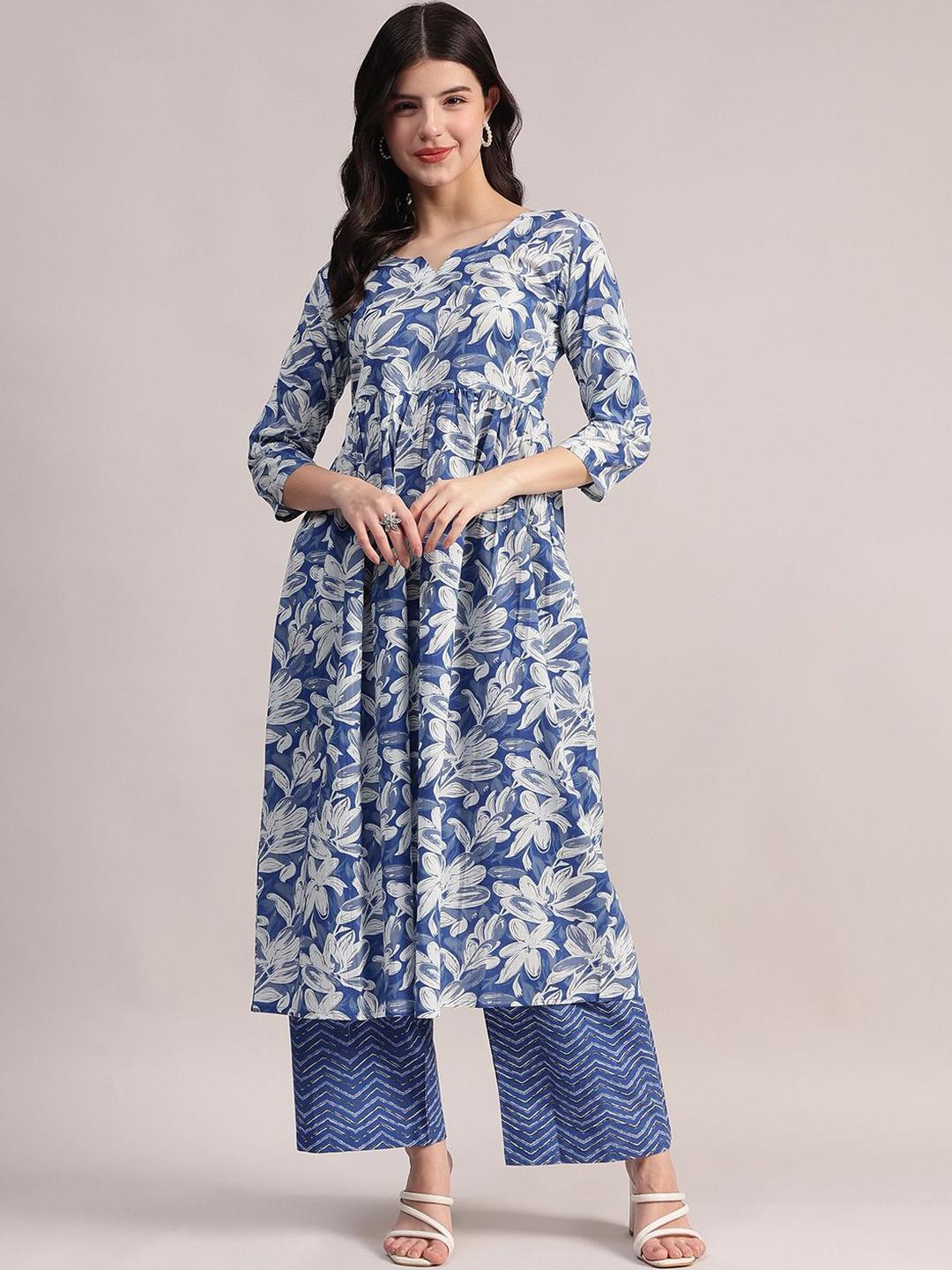 Aavyora Women Floral Printed Regular Pure Cotton Kurta with Trousers