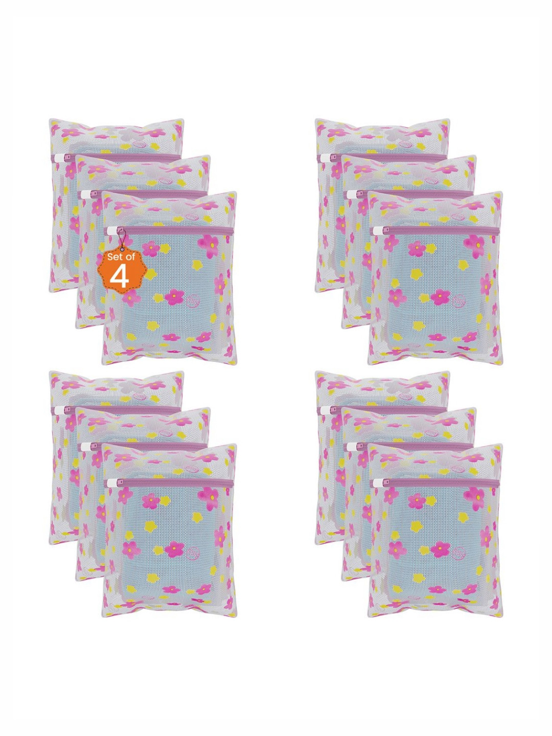 Aura 12-Pcs Pink Printed Reusable Mesh Laundry Bags With Zip