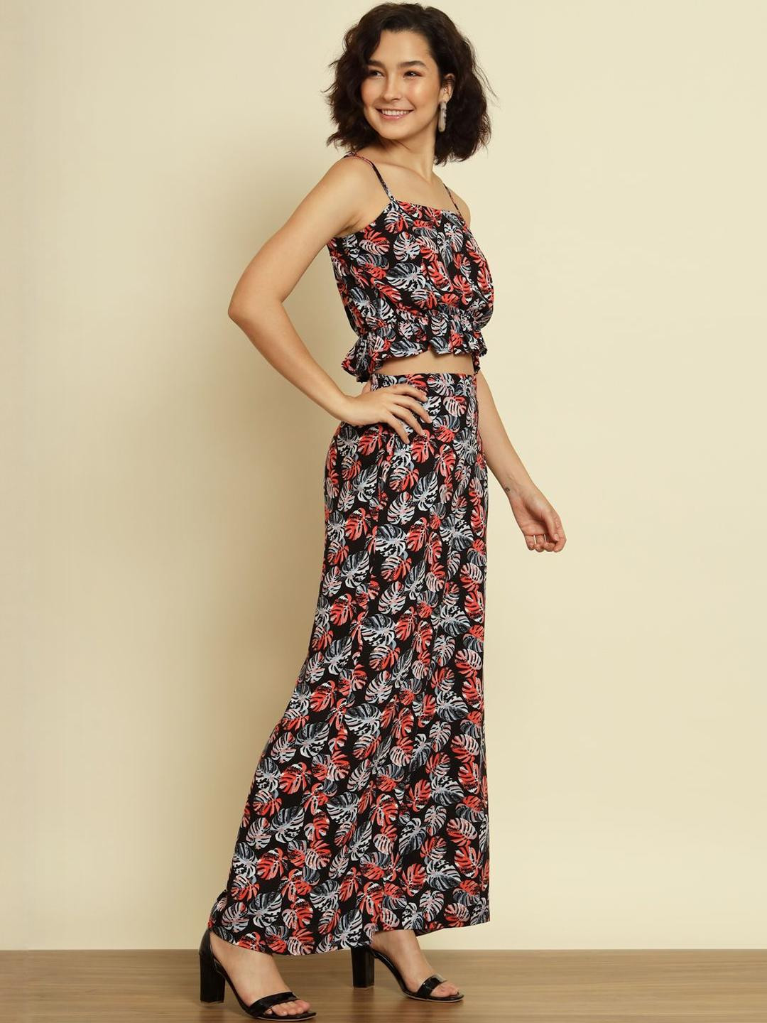 CORSICA Printed Soulder Straps Neck Top With Trousers Co-Ords