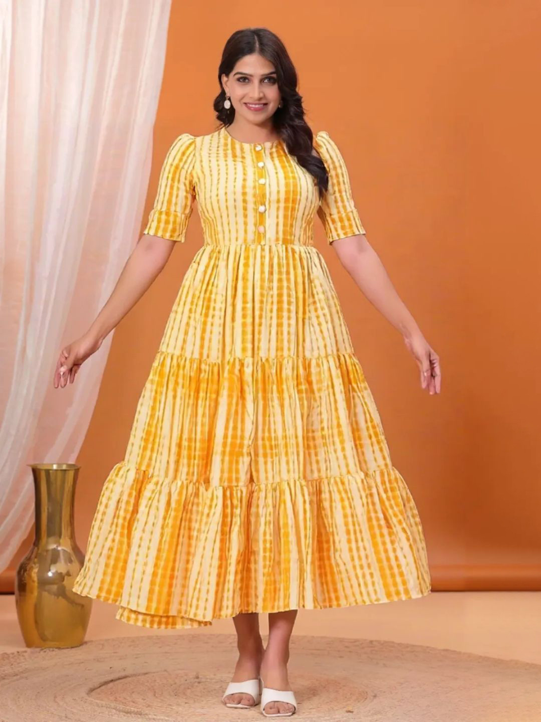 THE WHITE FEATHERS Women Checked Puff Sleeve Fit & Flare Midi Dress