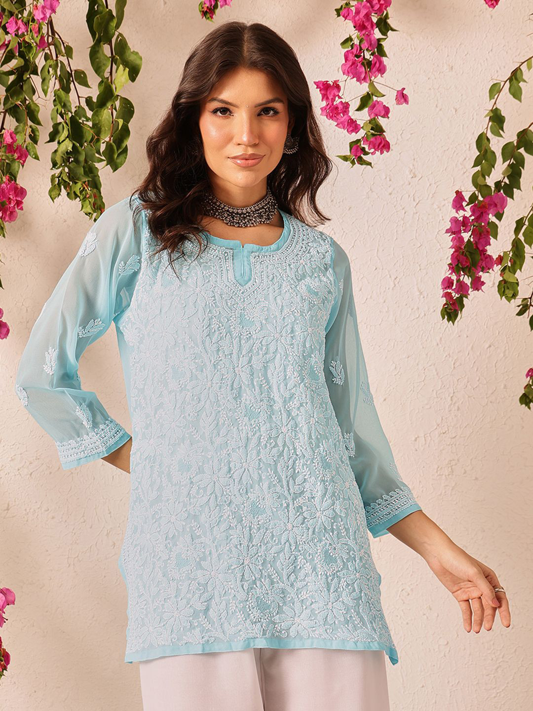 ADA Women Floral Embroidered Lucknowi Chikankari Thread Work Kurti