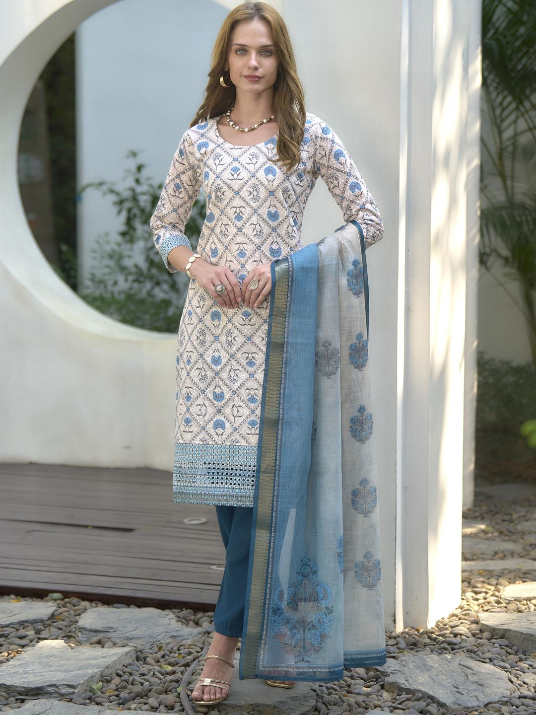 White Cotton Printed Kurta Set with Embroidered Neckline & Linen Dupatta | Elegant Ethnic Wear