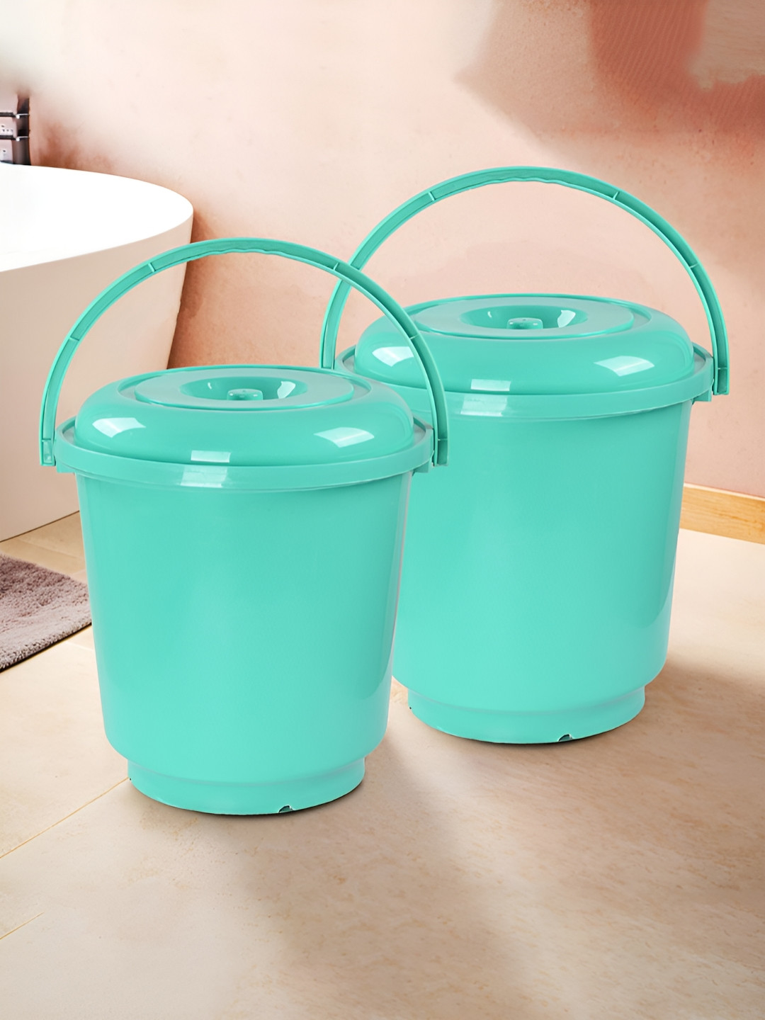 Aura Green Pack of 2 Bucket for Bathroom Kitchen & Home with Lid & Carry Handle
