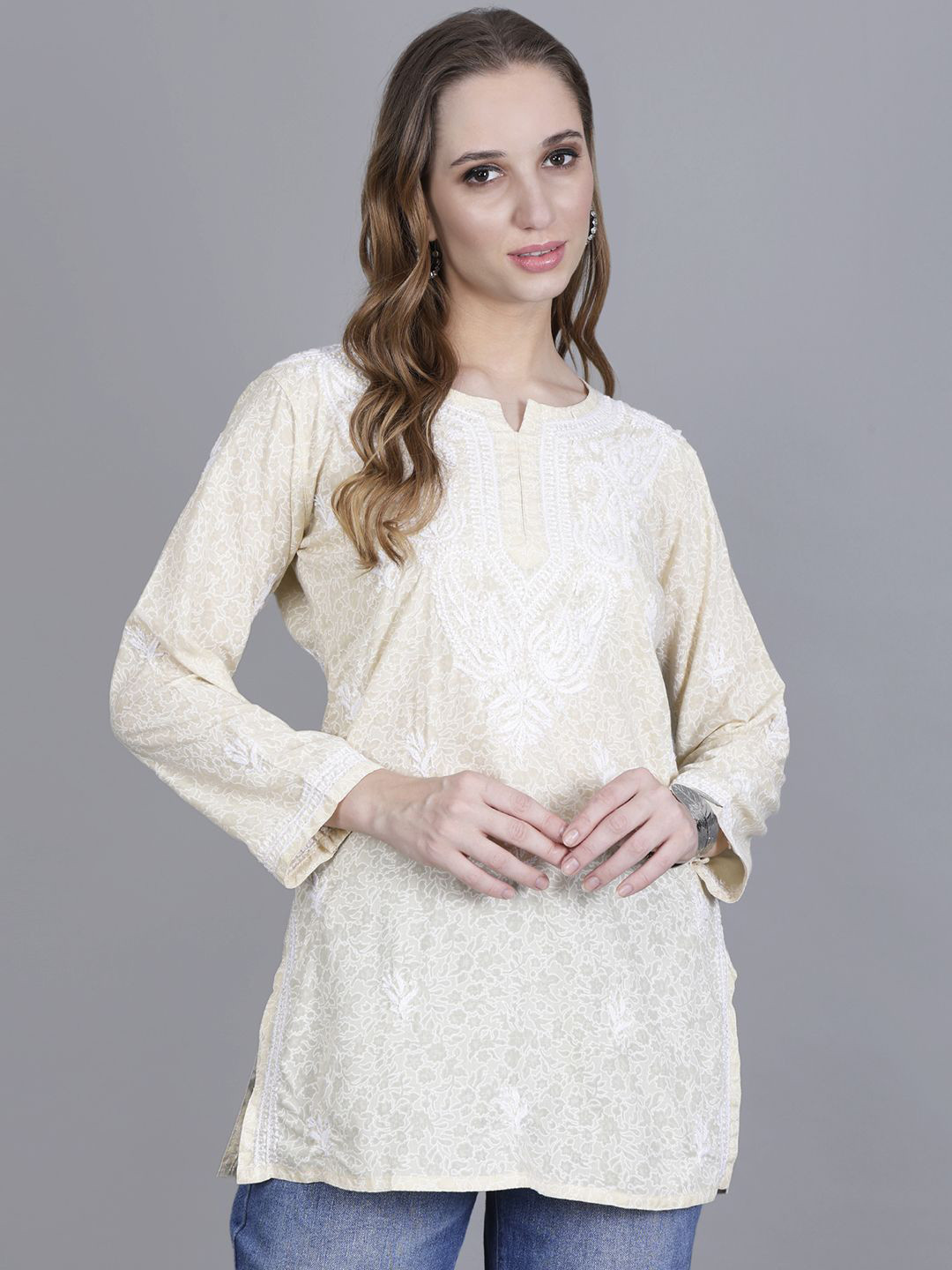 NAZAQAT ETHNIC INDIA Women Light Yellow Chikankari Hand Embroidered Cotton Straight Kurti.