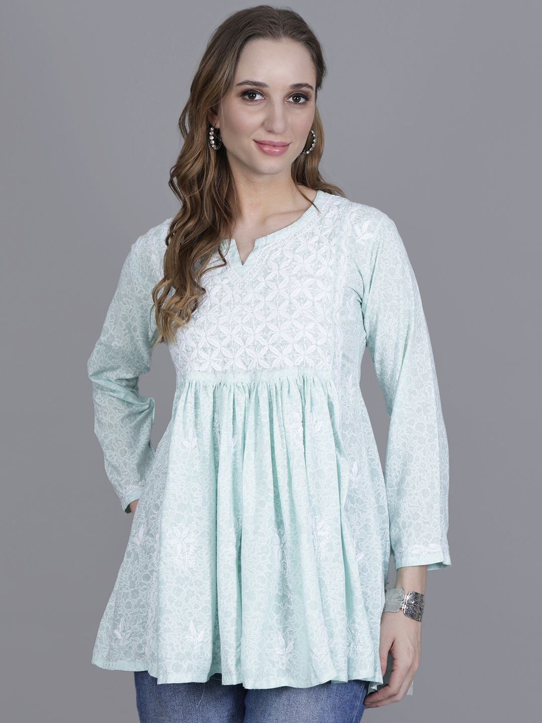 NAZAQAT ETHNIC INDIA Chikankari Sea Green Mulmul Brasso Embroidered Cotton A-Line Kurti