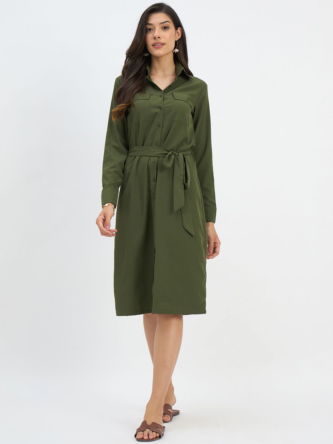 Color Cocktail Cuffed Sleeve Belted Shirt Dress