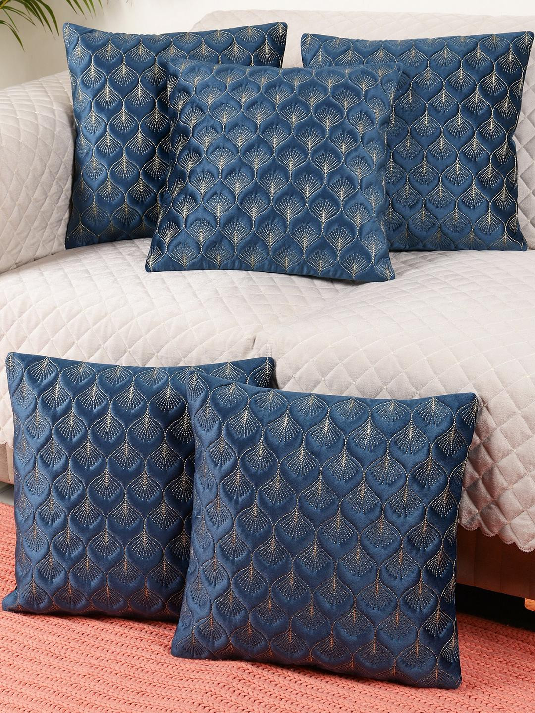 MONKDECOR Feather Design Velvet Durable 5 Pcs Embroidered Square Cushion Covers -16x16In