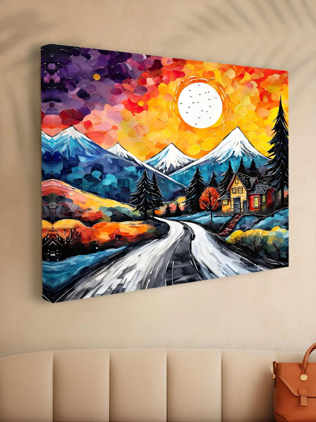 Myntra Elegant Homes Blue & Orange Colored Mountain Sunset Printed Canvas Wall Art