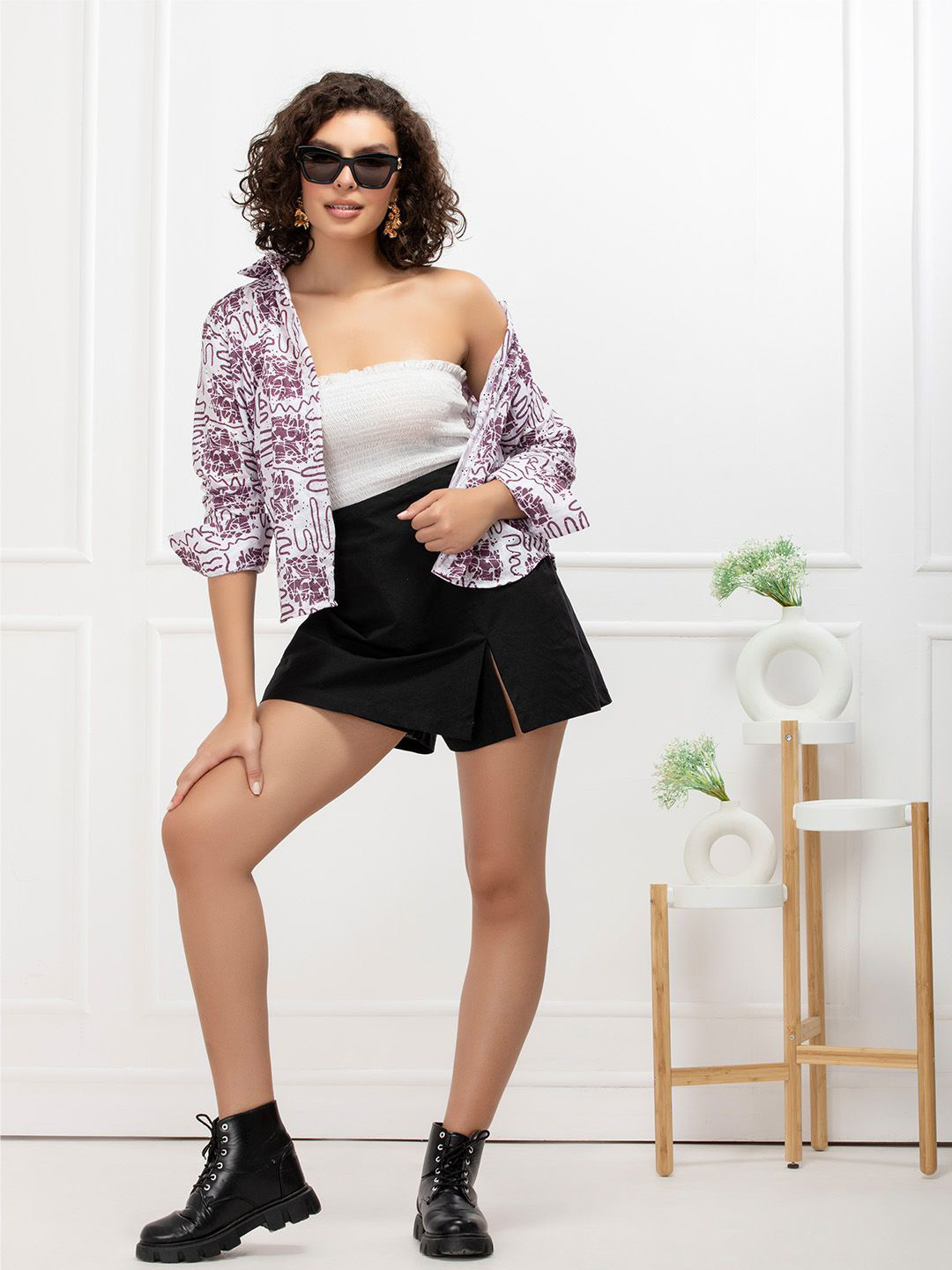 House of Abeena Women Print Off Shoulder Cotton Shirt Style Top