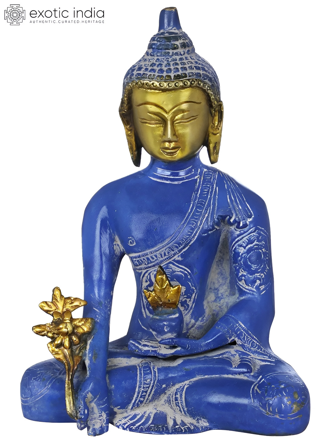 Exotic India Medicine Buddha Blue Brass Metallic Garden Hand Made Medium Showpiece - 7.7 Inches