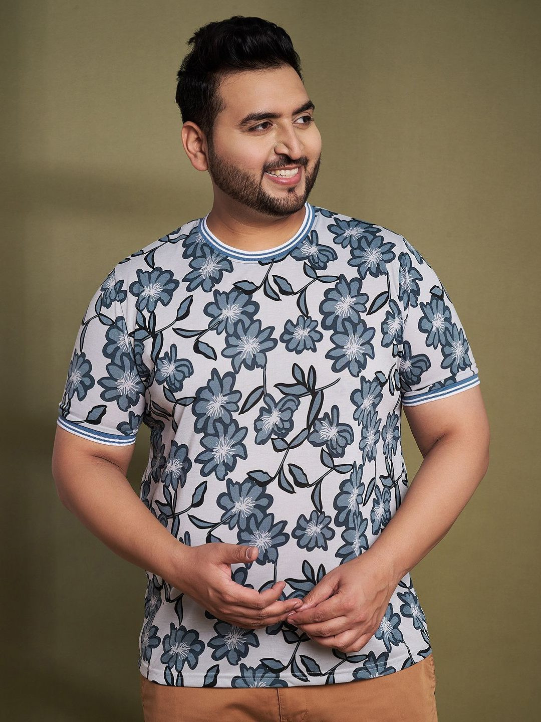 AUSTIVO Men Plus Size Floral Printed Round Neck Cotton Slim Fit T-shirt