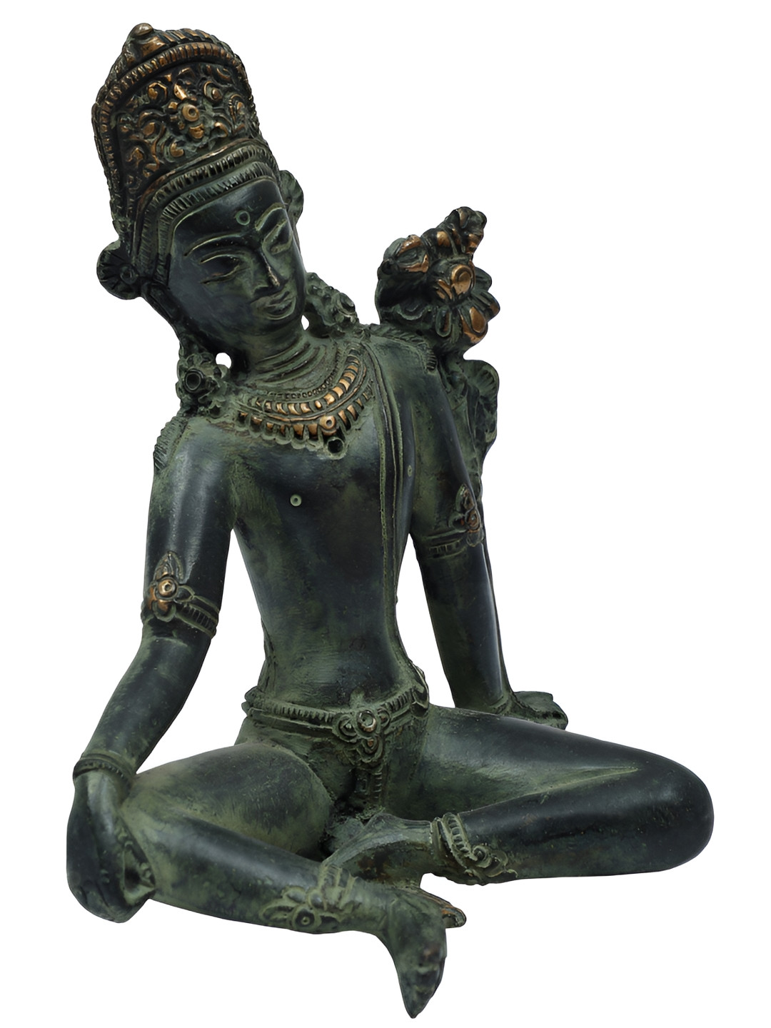 Exotic India Lord indra Green Brass Metallic Prayer Room Hand Made Small Showpiece - 5.3 Inches