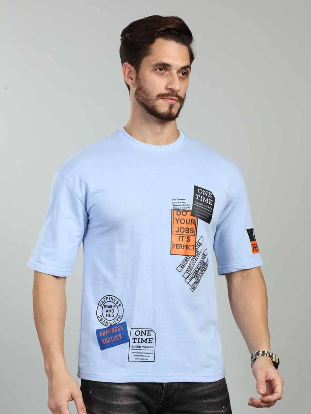 BE POSITIVE Typography Printed Round Neck Drop Shoulder Pure Cotton T-shirt