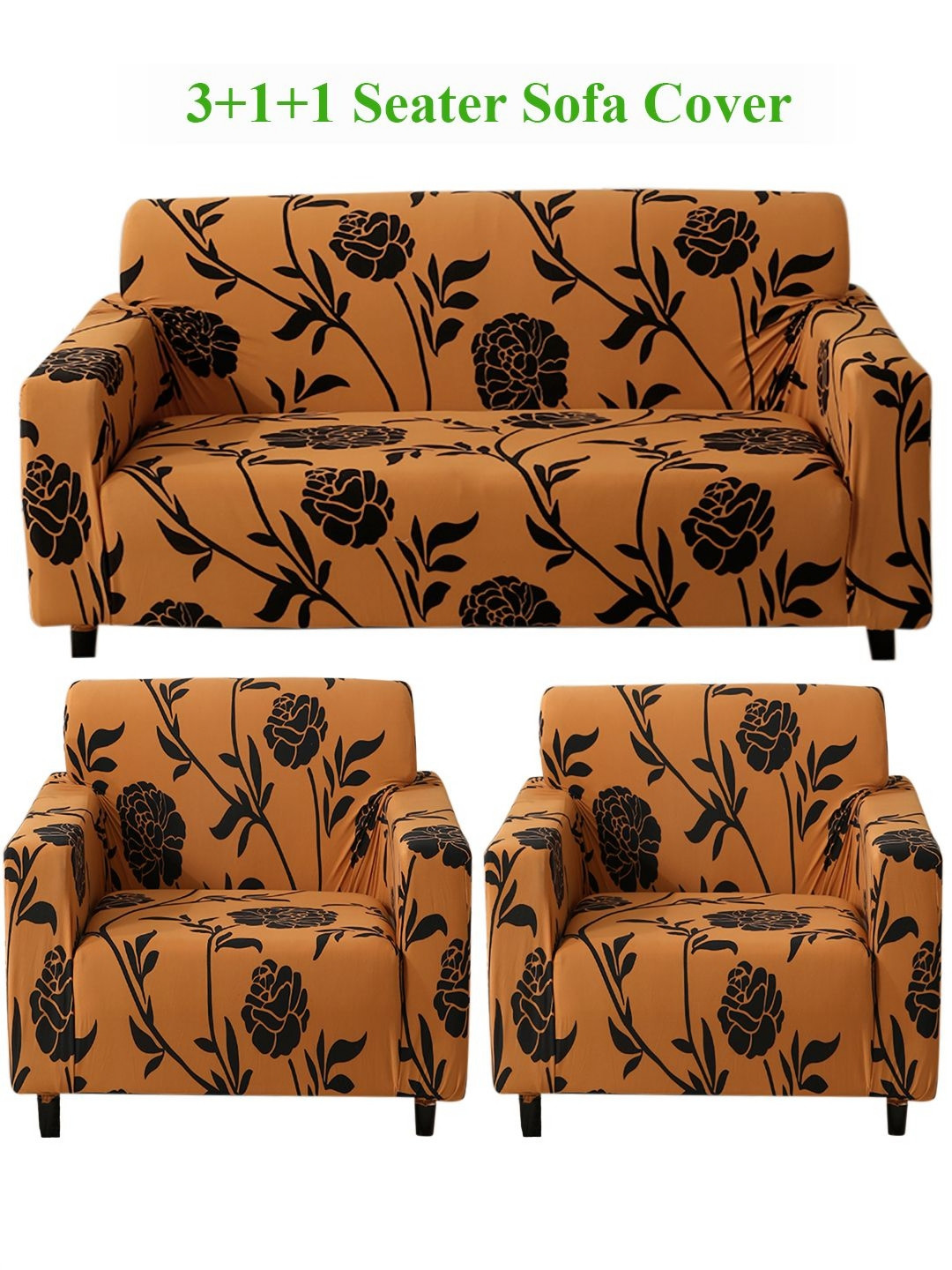 HOKIPO Copper Brown Floral Print 5 Seater Fully Covered Sofa Cover