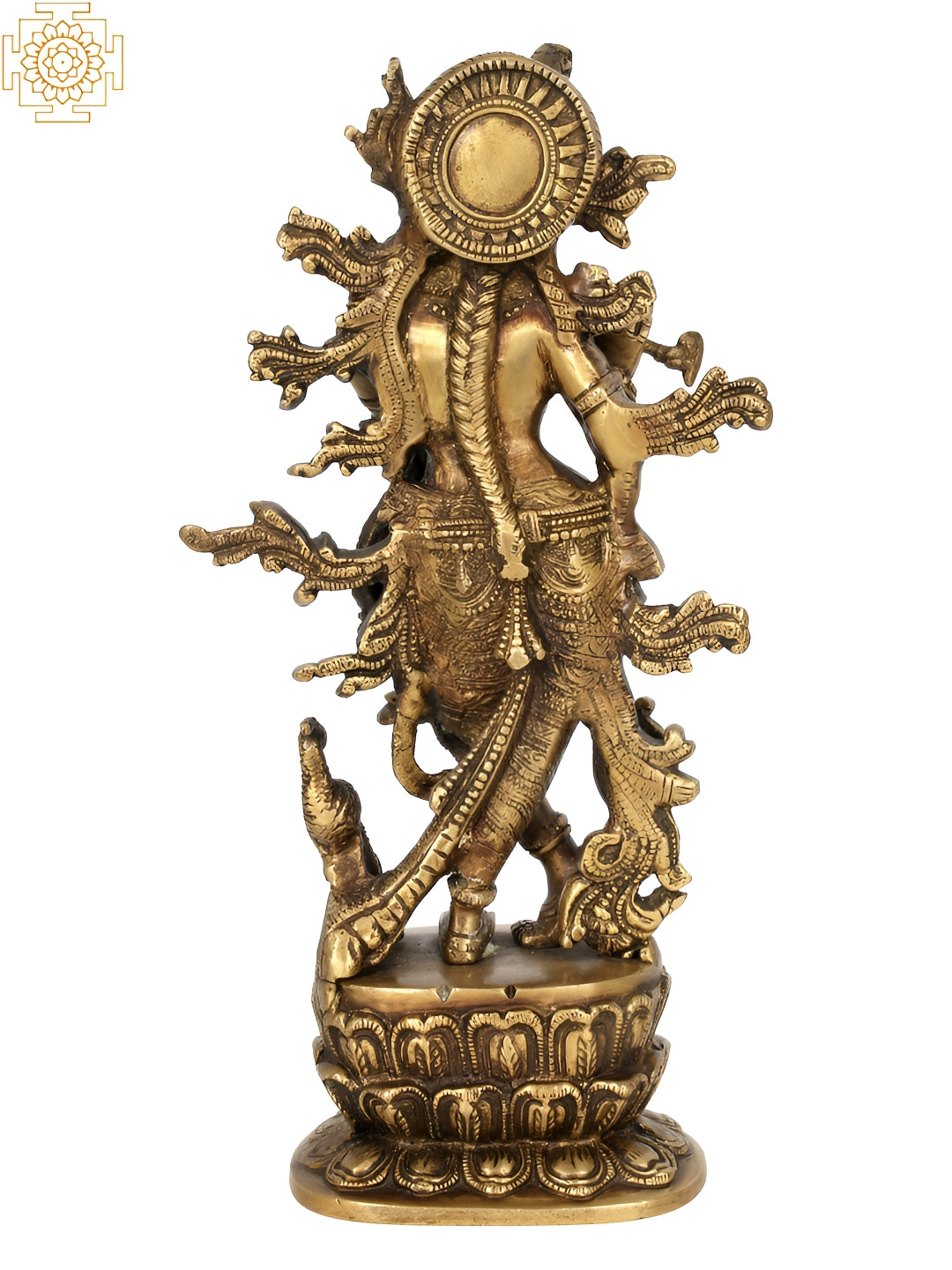 Exotic India Lord Krishna Idol Playing Flute Gold Brass Metallic Prayer Room Hand Made Medium Showpiece - 12 Inches