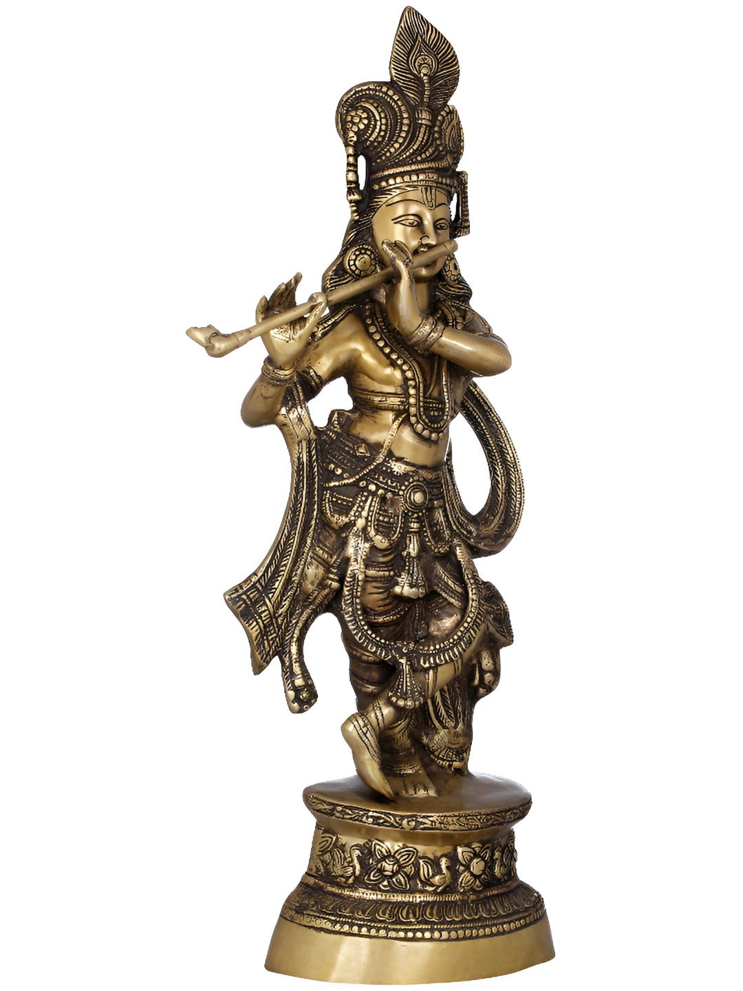 Exotic India Lord Krishna Playing Flute Gold Brass Metallic Prayer Room Hand Made Extra Large Showpiece - 24.3 Inches