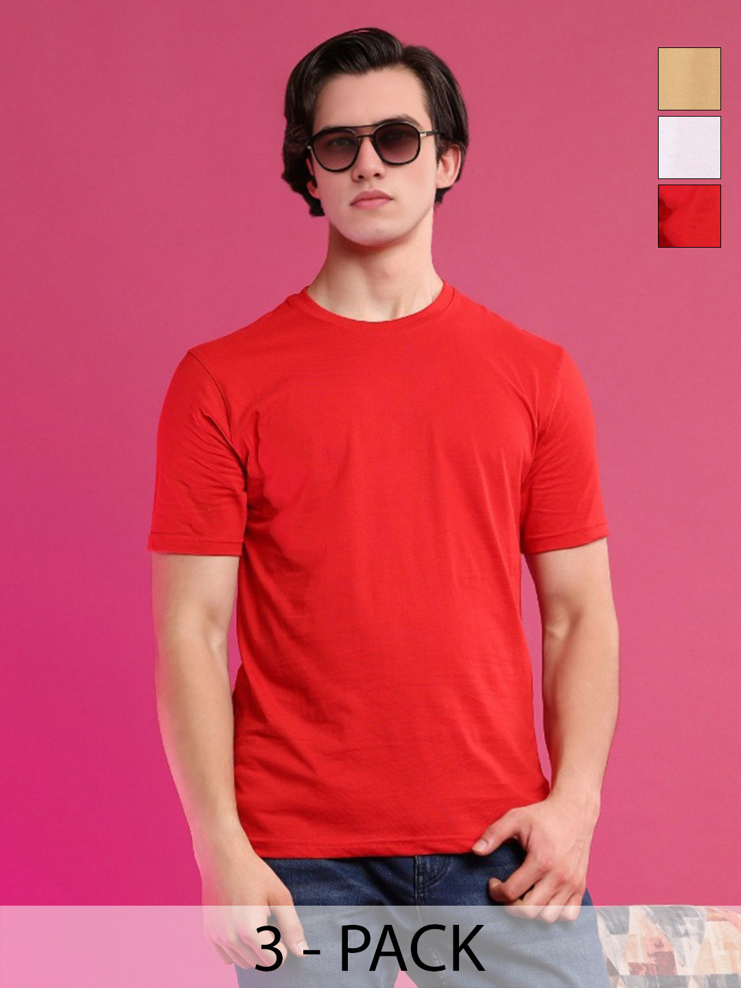 Moda Rapido Pack Of 3 Beige & Red Cotton T-shirts