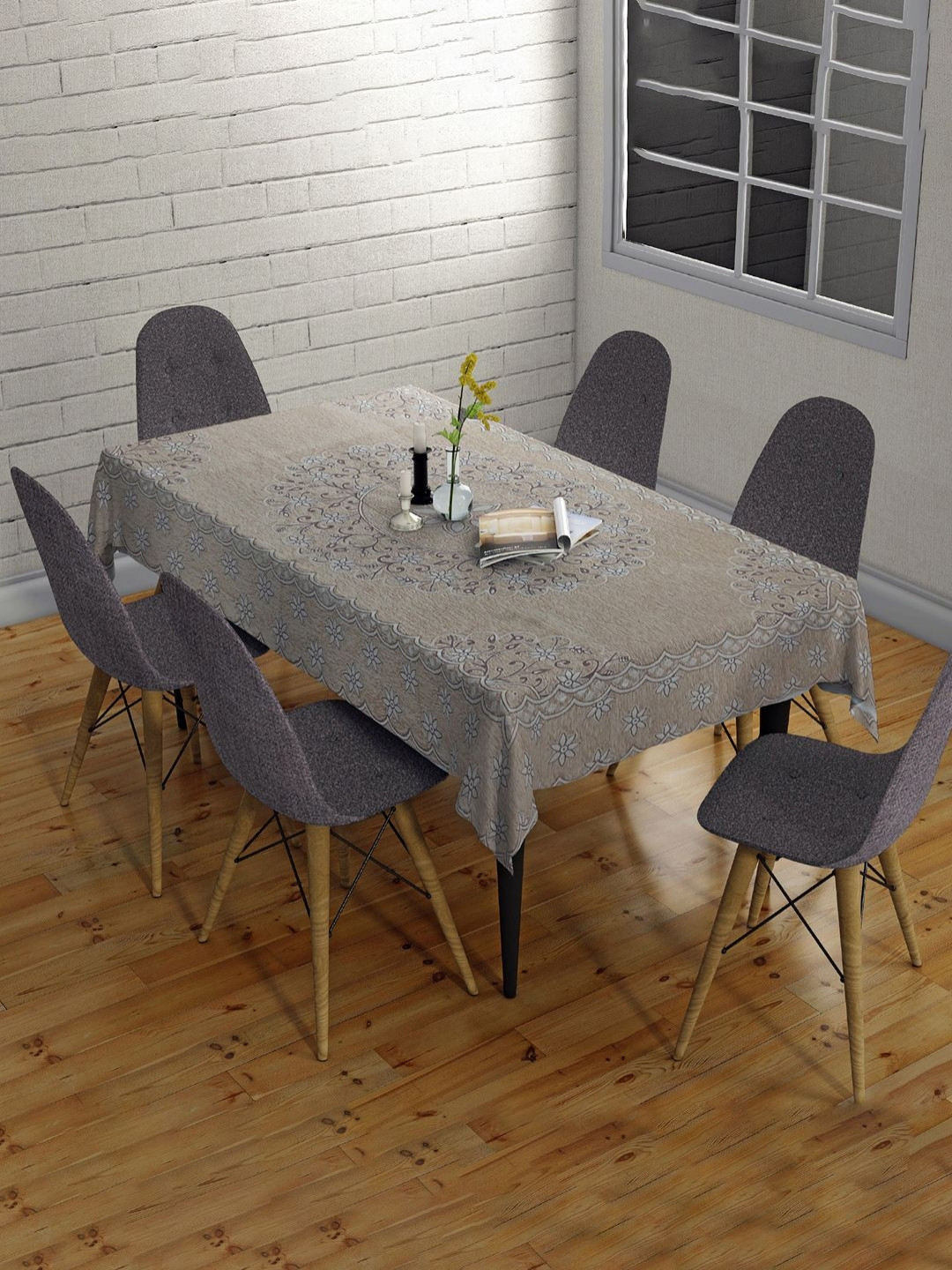 Sun Rise Peach And Grey Floral Printed 6-Seater Table Cover