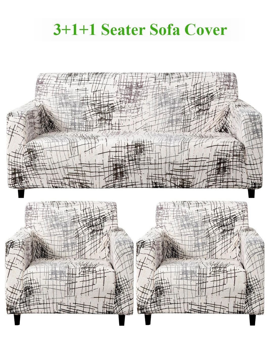 HOKIPO Beige Brown Line Print 5 Seater Fully Covered Sofa Cover