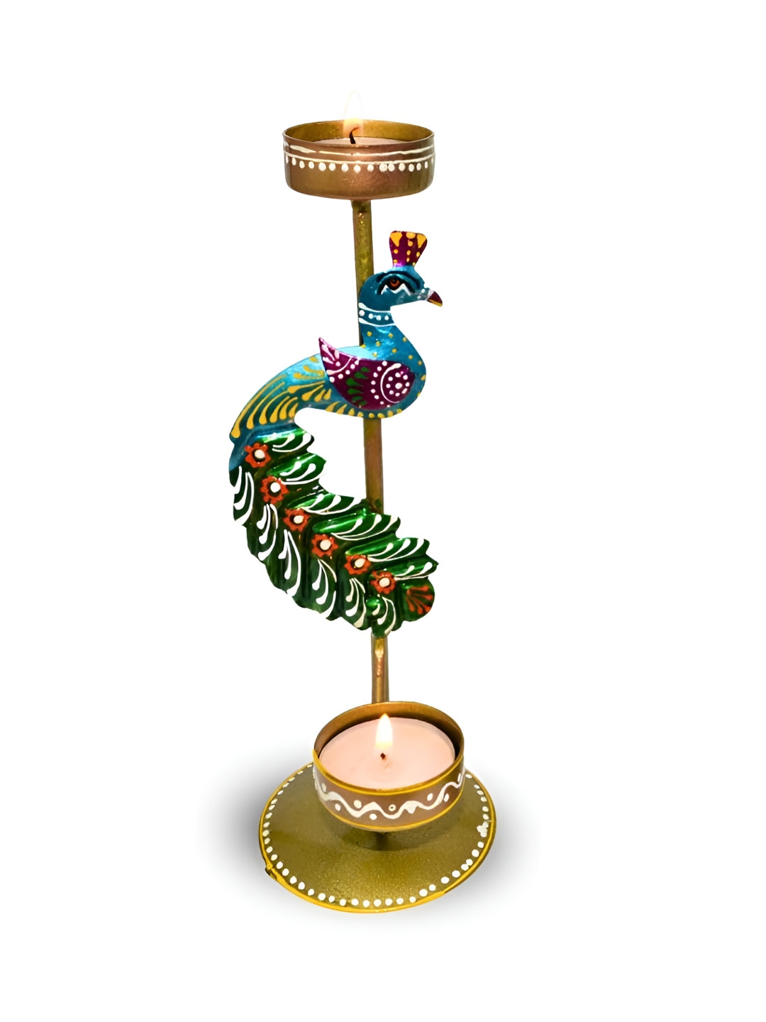 CraftVatika Green & Blue Metal Peacock Candle Holder