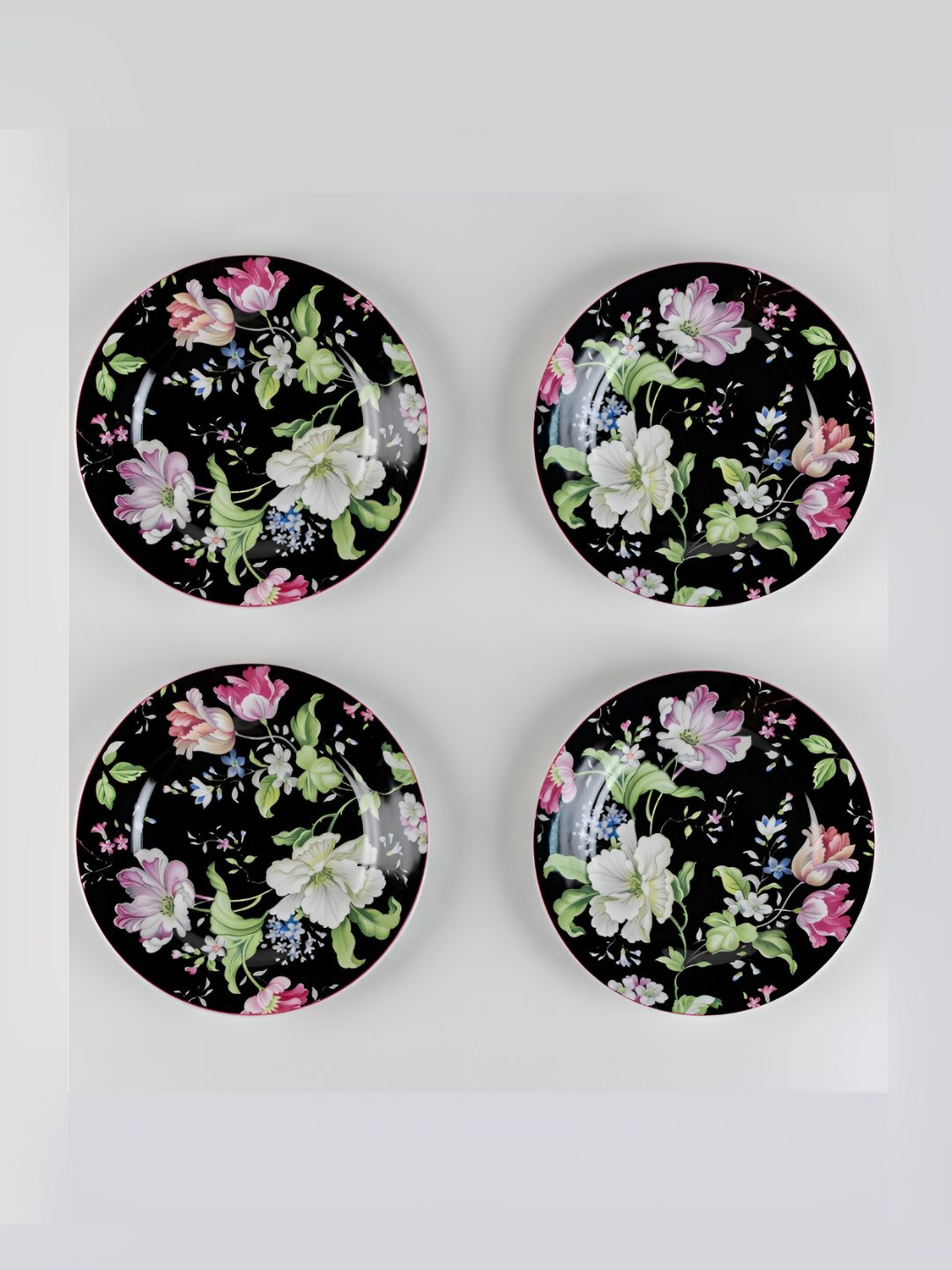 GOLDEN QUEEN'S Garden Splendor Black & Pink 4 Pcs Printed Ceramic Microwave Safe Plates