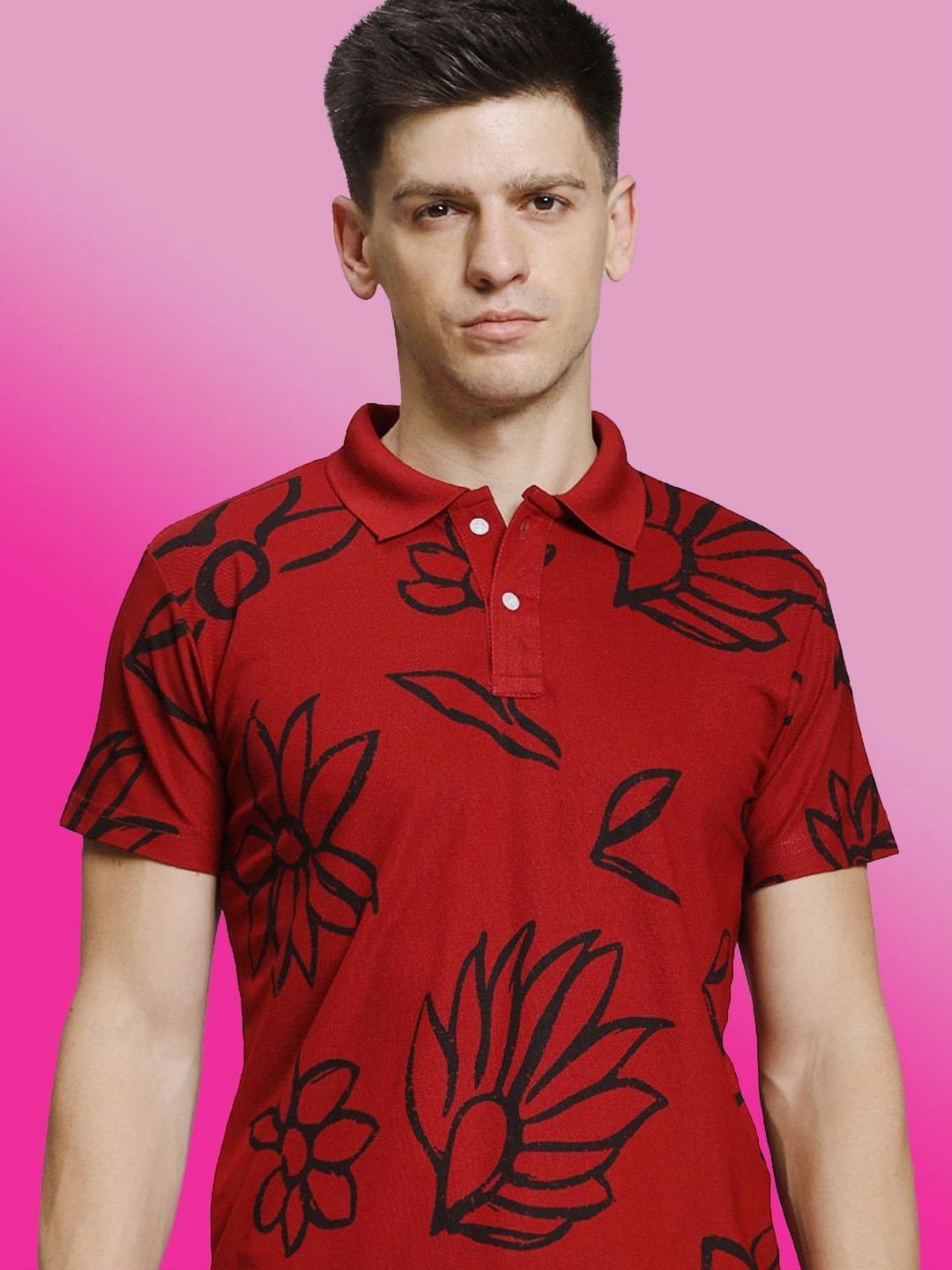 STELVIN Floral Printed Polo Collar Short Sleeves Cotton T-shirt