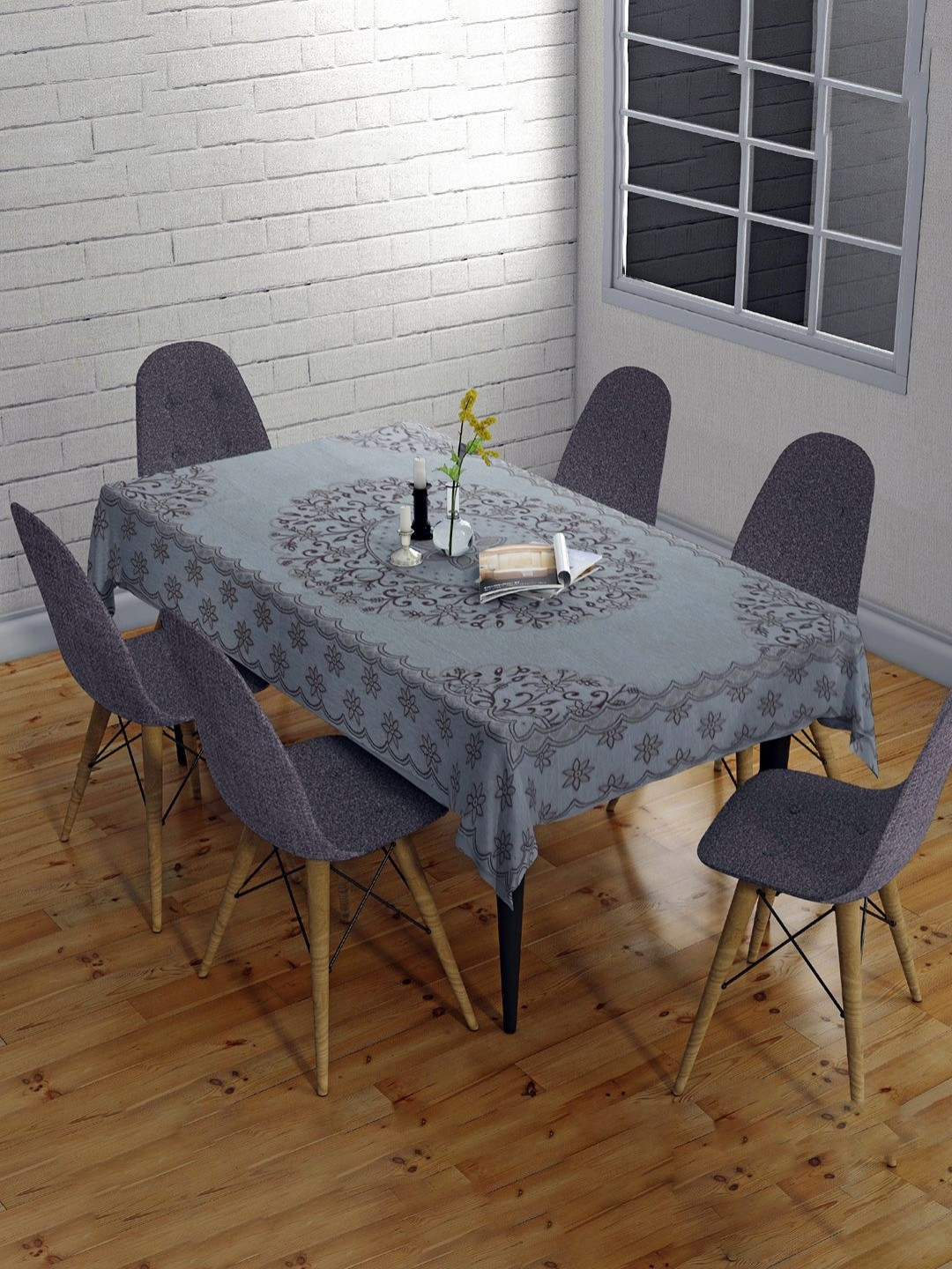 Sun Rise Grey And Brown Floral Printed 6-Seater Table Cover