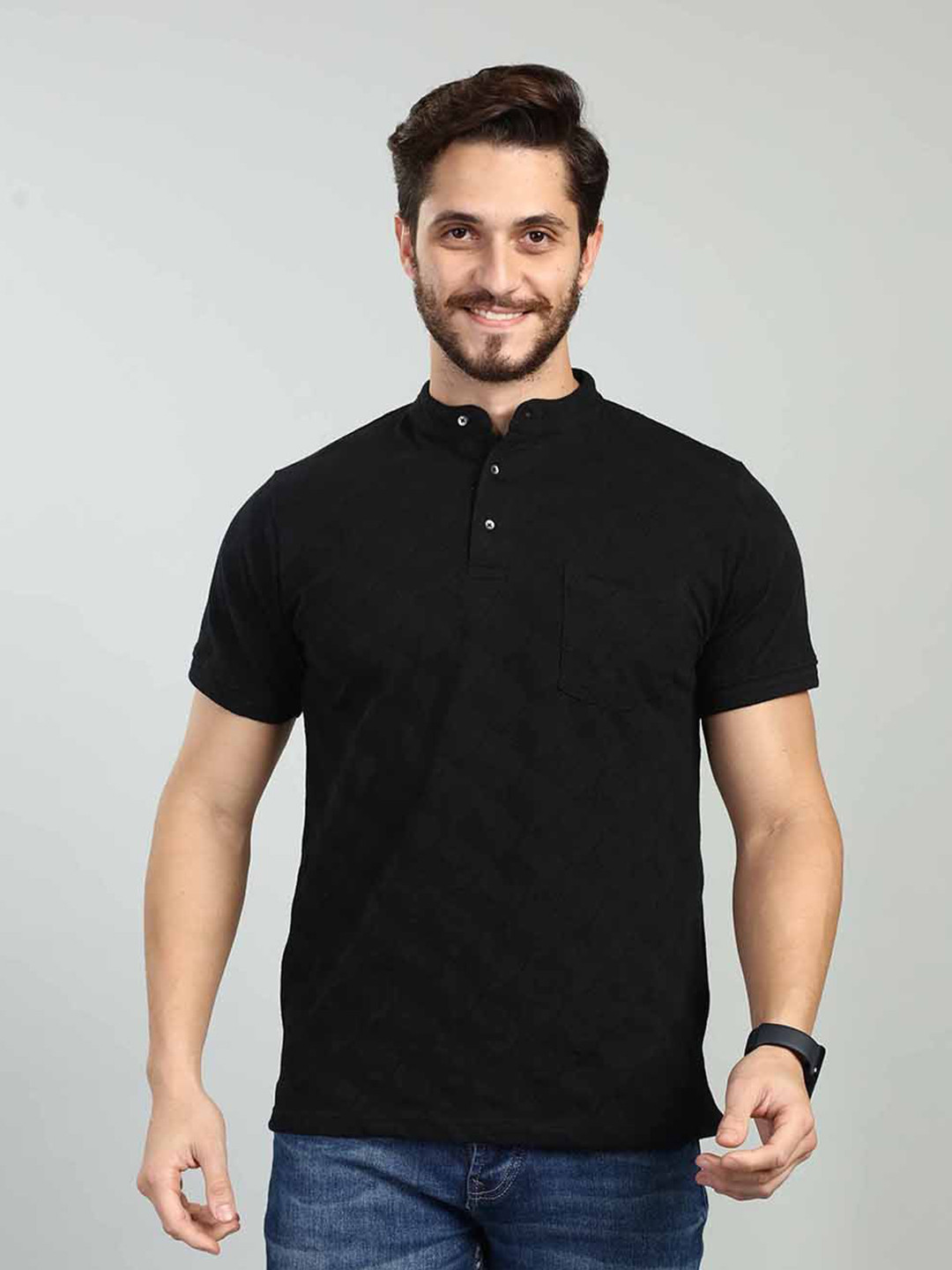 Black Self Design Henley Neck Slim Fit Cotton T-shirt