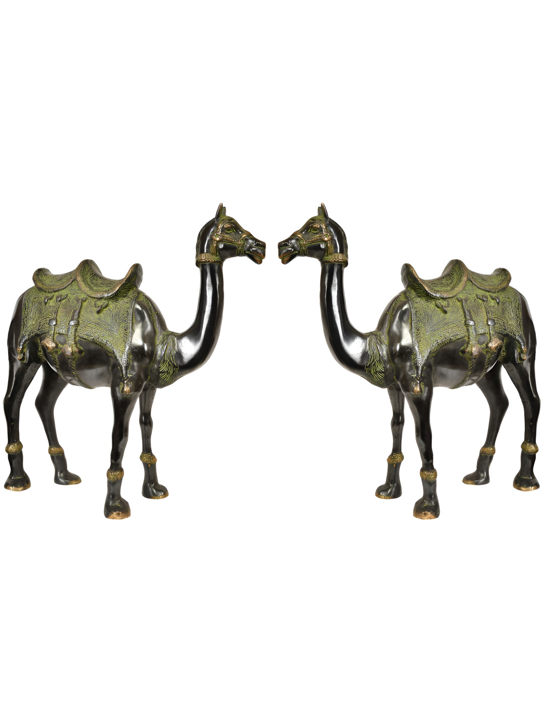 Exotic India Pair Of Camel Black Brass Metallic Living Room Set of 2 Large Showpieces - 17 Inches