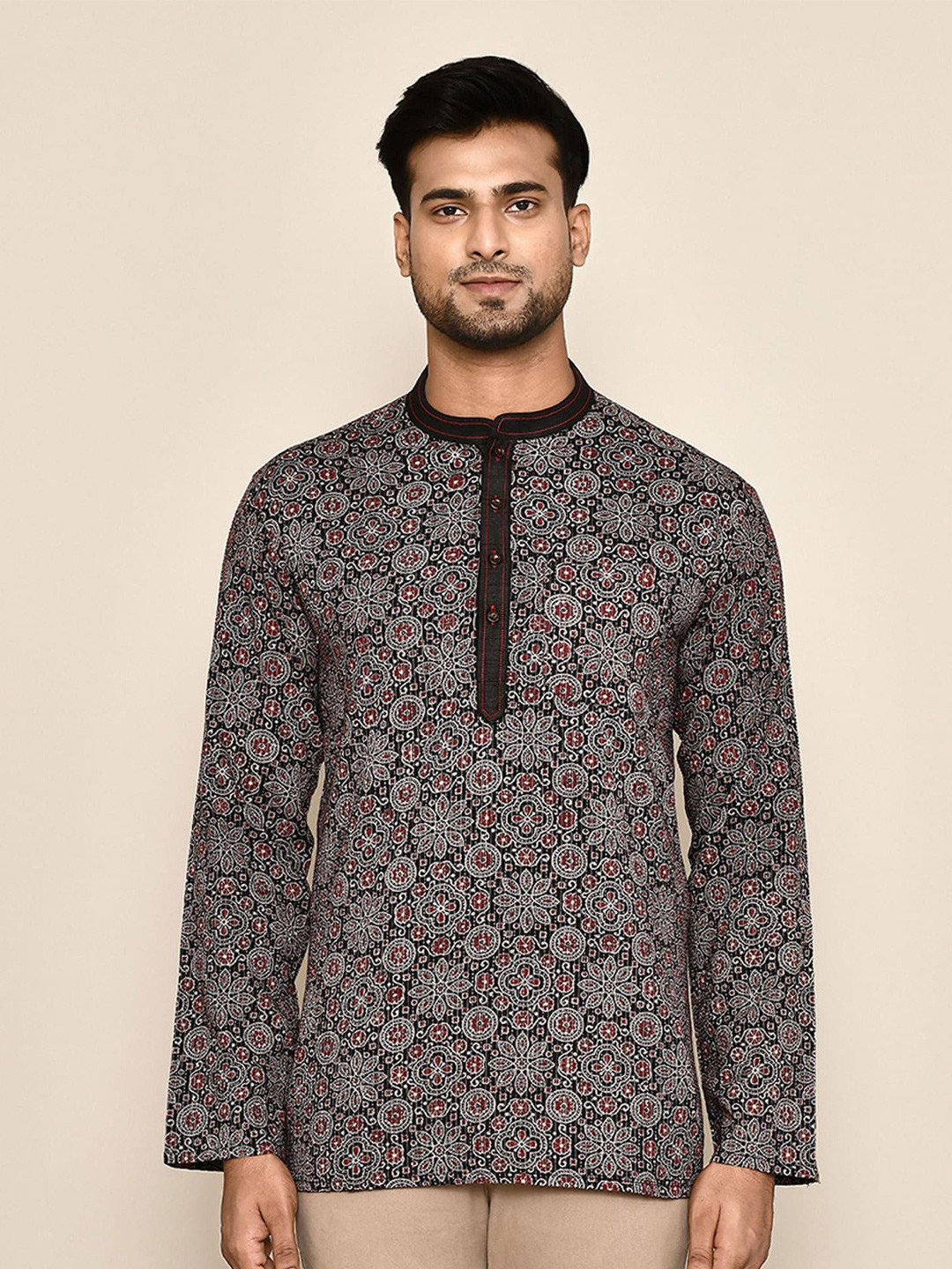 Arihant Rai Sinha Floral Printed Thread Work Band Collar Pure Cotton Short Straight Kurta