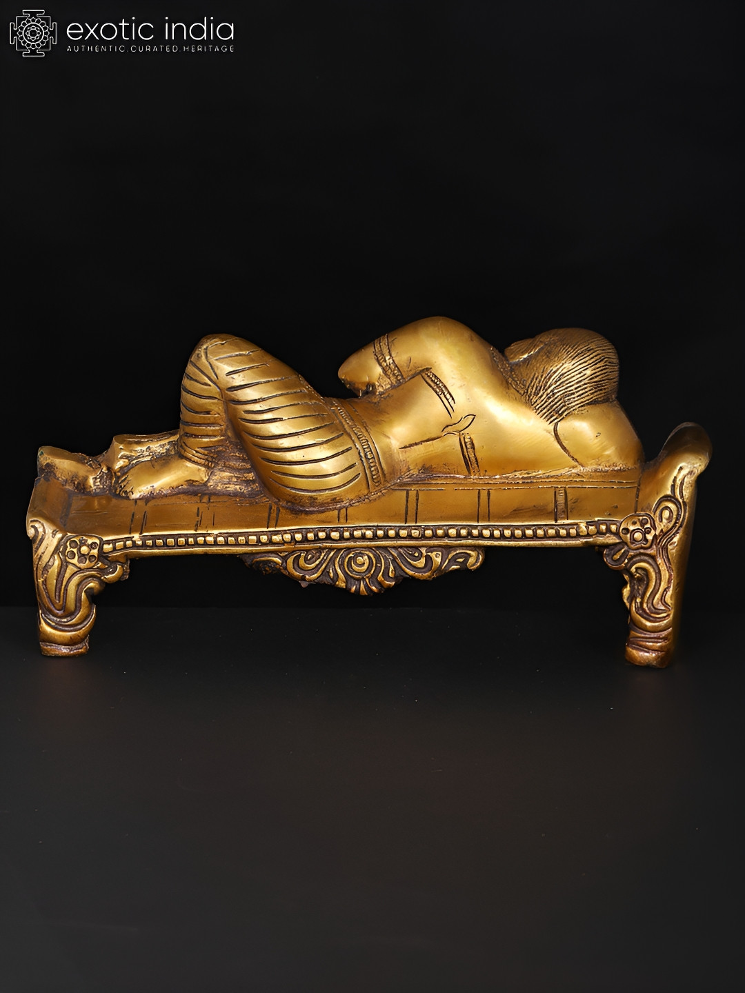 Exotic India Sleeping Baby Krishna with Mother Yashoda Gold Brass Metallic Prayer Room Hand Made Small Showpiece - 4.5 Inches