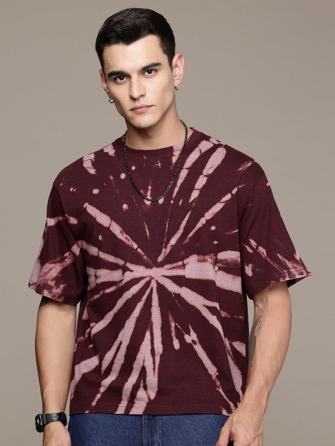 Moda Rapido Washed Effect Tie & Dyed Drop-Shoulder Sleeves Oversized Fit T-shirt