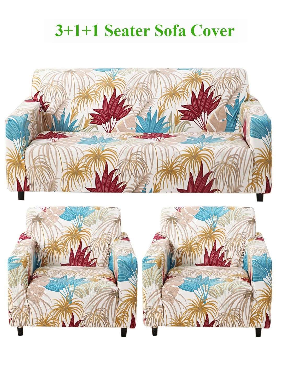 HOKIPO Cane Beige Ferns Print 5 Seater Fully Covered Stretchable Sofa Cover