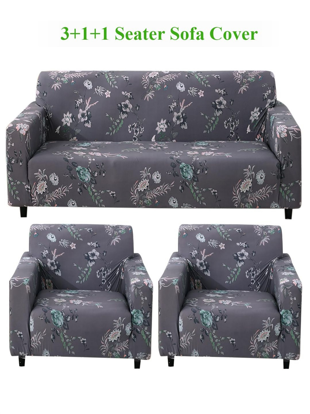 HOKIPO Bentonite Grey Budding Florals Print 5 Seater Fully Covered Sofa Cover