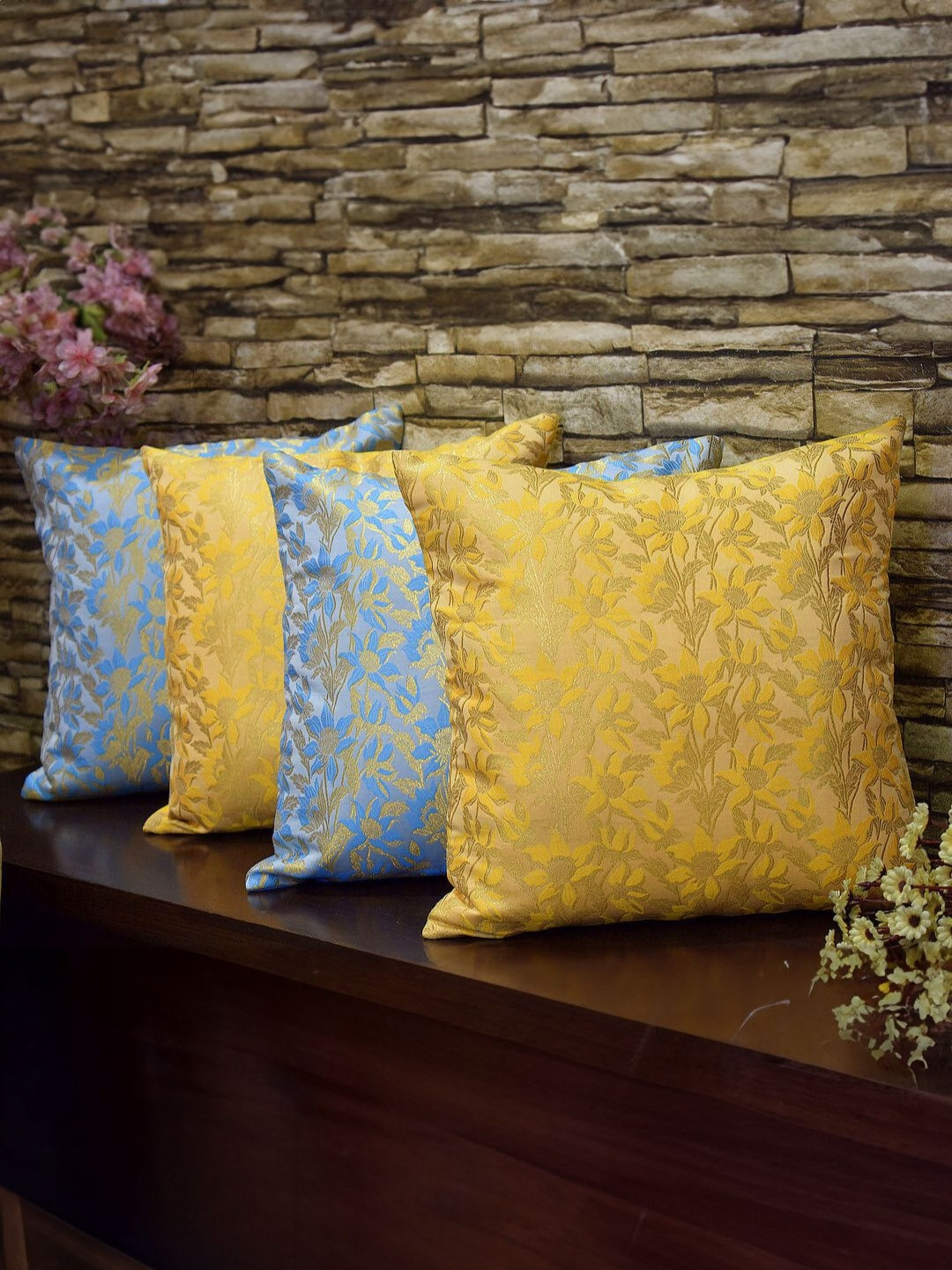 RoyalDeco Bageecha Blue & Yellow 4 Pieces Ethnic Motifs Brocade Silk Square Cushion Covers