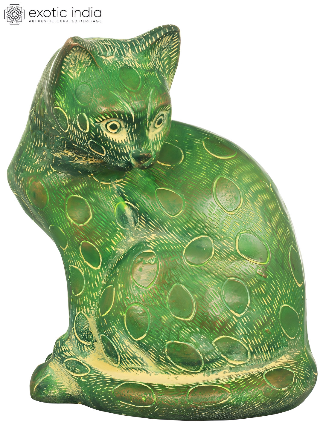 Exotic India Cat Green Brass Metallic Living Room Hand Made Medium Showpiece - 8 Inches