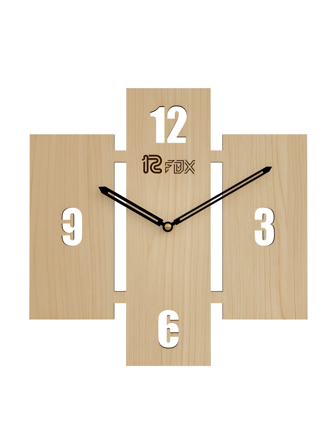 12 fox Beige & Black Wooden Analogue Wall Clock