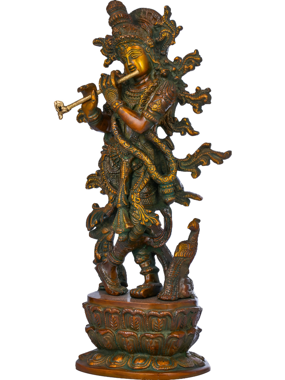 Exotic India Lord Krishna Idol Playing Flute Brown Brass Natural Prayer Room Hand-Crafted Medium Showpiece - 12 Inches