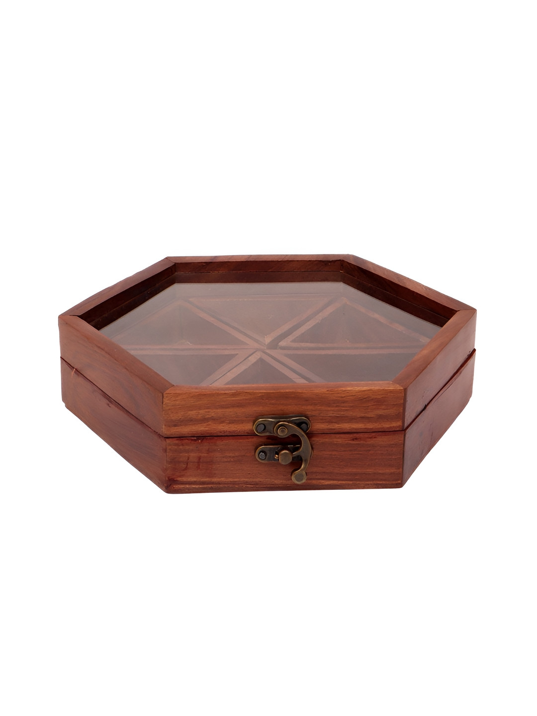EXIM DECOR Brown Space Saving Hexagonal Wooden Spice Storage Box