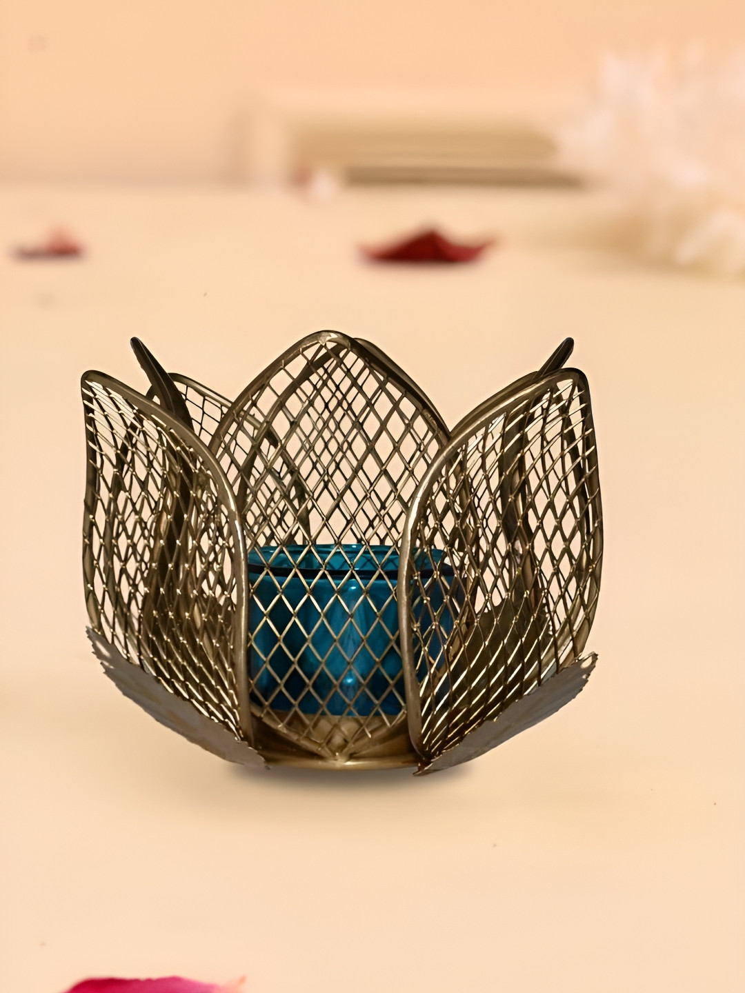 CraftVatika Brown & Blue Textured Metal & Glass Lotus Candle Tealight Holder
