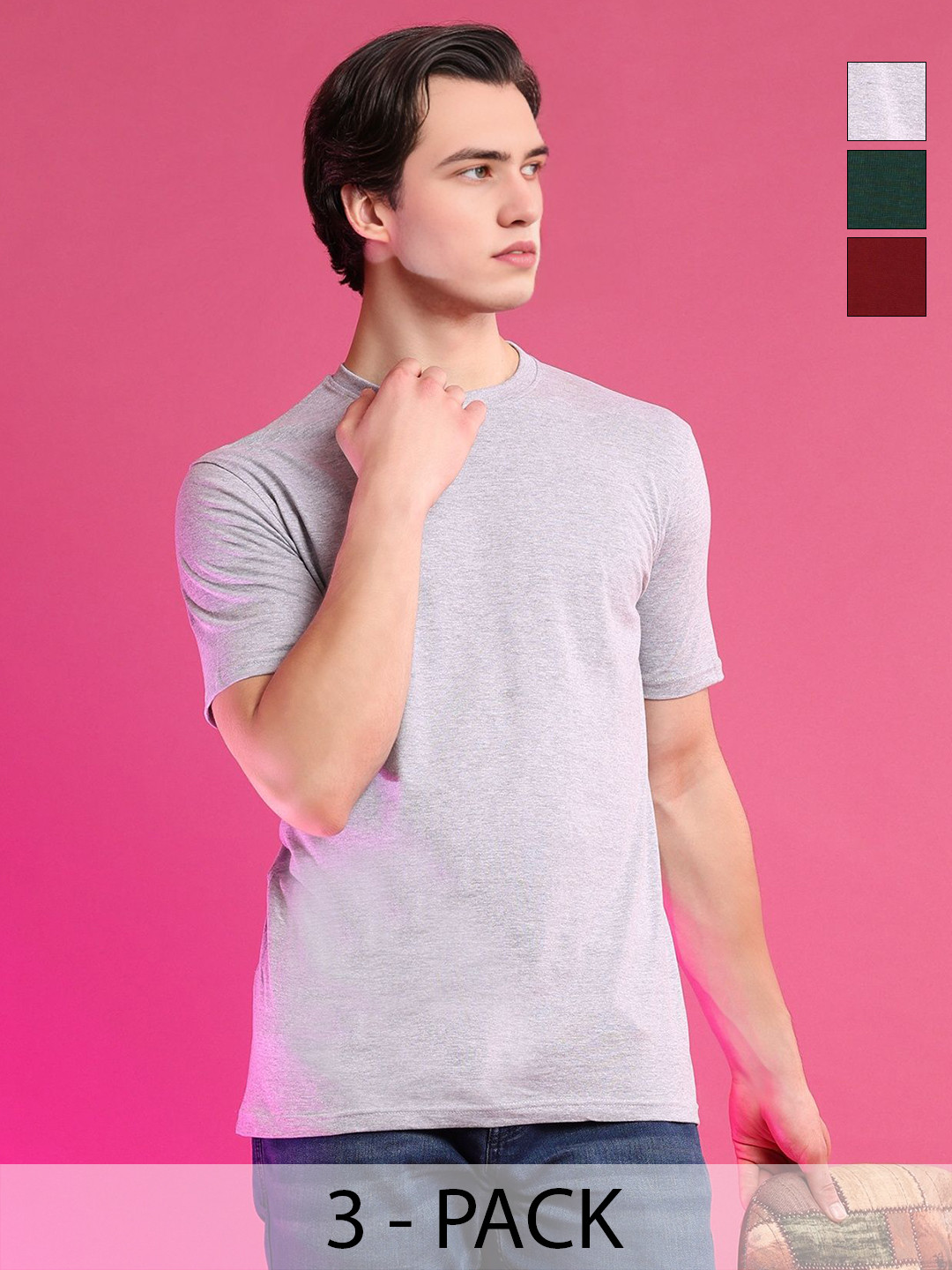 Moda Rapido Pack of 3 Crew Neck Short Sleeves Pure Cotton Classic Fit T-shirts