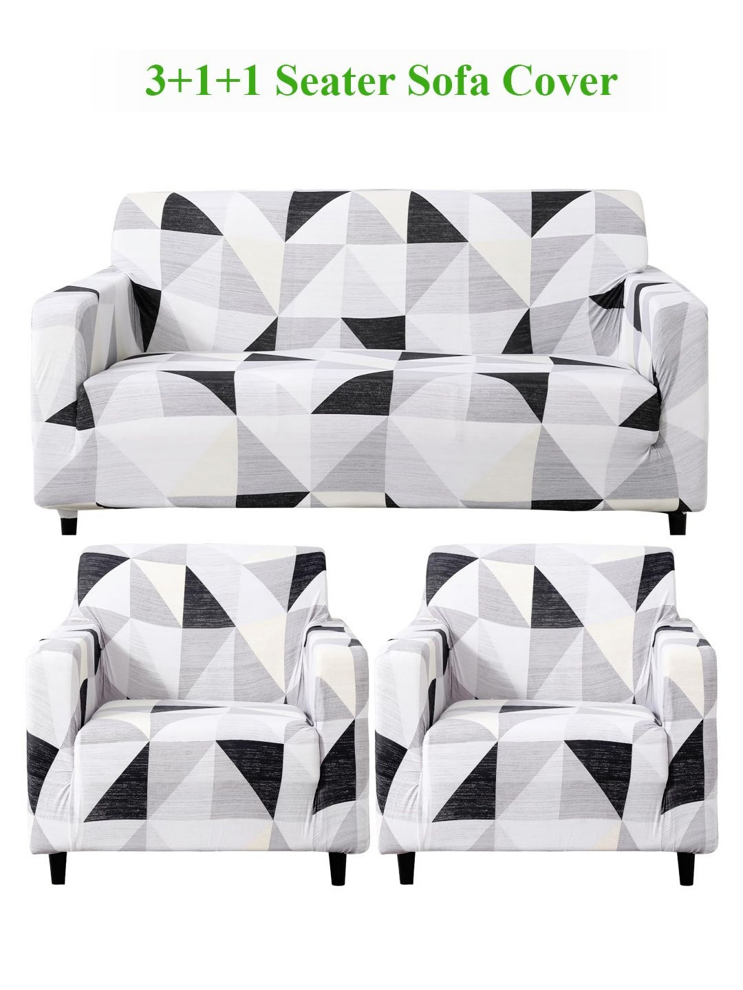 HOKIPO Black Grey Geometric Print 5 Seater Fully Covered Sofa Cover