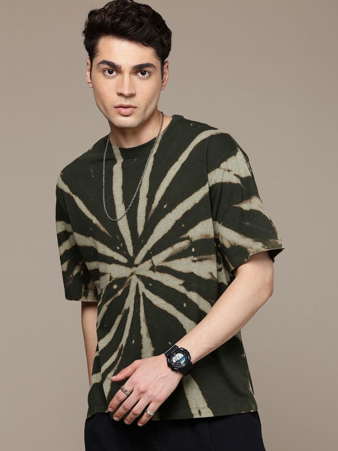 Moda Rapido Washed Effect Tie & Dyed Drop-Shoulder Sleeves Oversized Fit T-shirt
