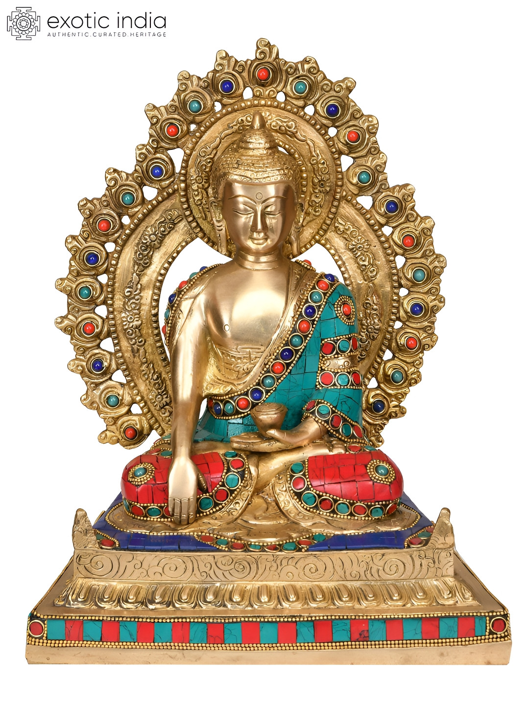 Exotic India Enthroned Vajrasana Buddha Gold Brass Metallic Living Room Hand Made Medium Showpiece - 11.5 Inches