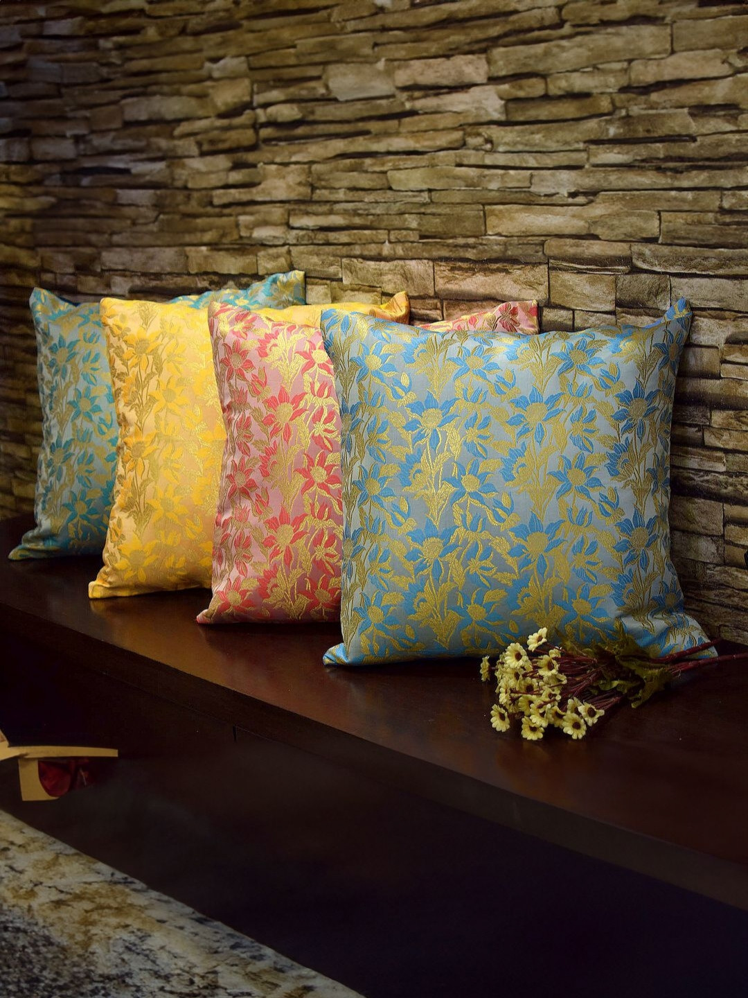 RoyalDeco Bageecha Floral Brocade Washable 4 Pcs Square Cushion Covers - 11.8 x 11.8 In