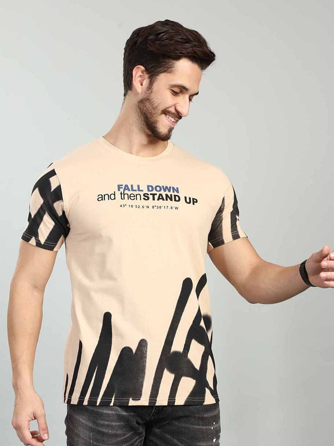 Beige & Black Typography Printed Regular Fit T-shirt