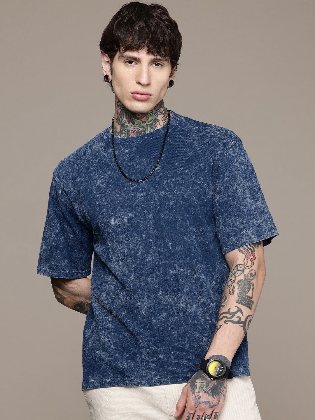 Moda Rapido Washed Effect Tie & Dyed Drop-Shoulder Sleeves Oversized Fit T-shirt